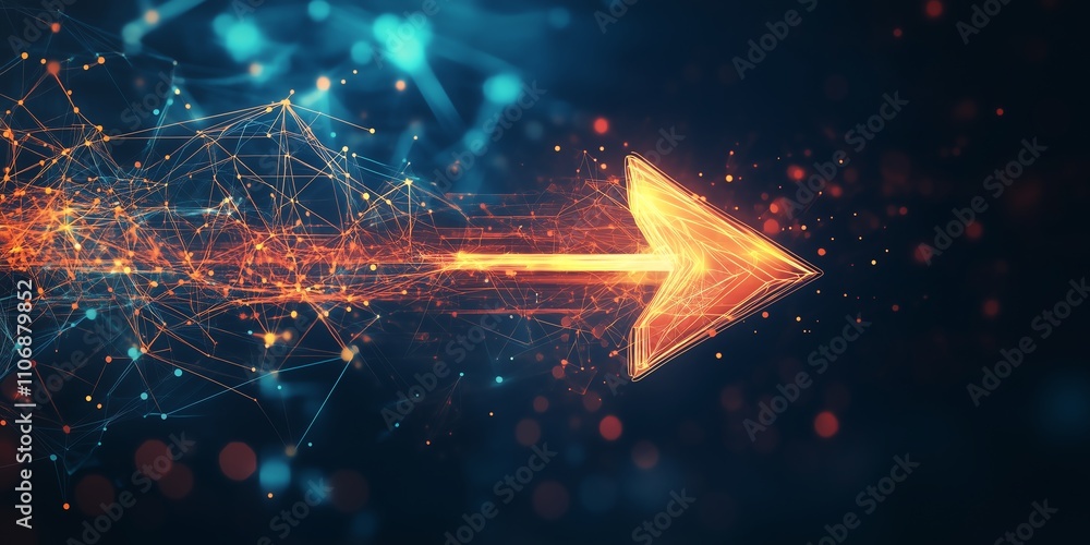 Poster flowing abstract digital arrow in a futuristic design symbolizing forward direction and growth