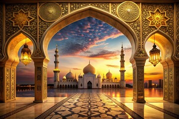 Elegant Architectural Photography Background for Eid Al Adha Celebration with Islamic Patterns, Golden Accents, and Festive Atmosphere Perfect for Greetings and Event Promotions