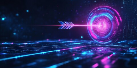 Abstract Digital Target with Bold Arrow in the Center, Representing Strategic Business Success in a Futuristic Glowing Design