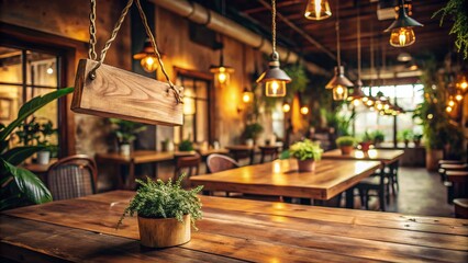 Fototapeta premium Elegant Architectural Composition Featuring a Rustic Wood Table and a Charming Hanging Wooden Sign in a Cozy Interior Setting, Perfect for Home Decor and Design Inspiration