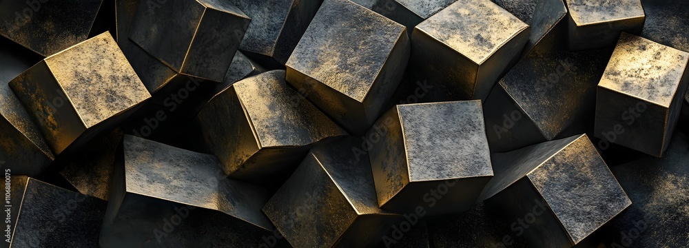 Poster a modern 3d canvas with bold, sharp-edged geometric cubes in black and gold, stacked and layered to 