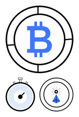 Bitcoin symbol in circular frame blue stopwatch eye with geometric elements. Ideal for cryptocurrency, finance, blockchain, digital currency, investment, technology, cybersecurity. Line metaphor