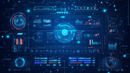 Abstract control panel for logistics operations, dark blue background, glowing low-poly wireframe lines, modern industrial innovation and technology integration.