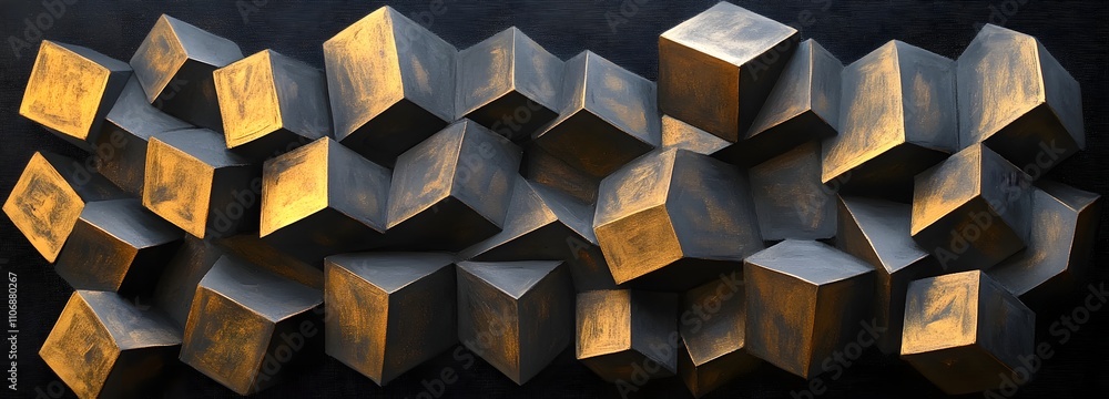 Poster a modern 3d canvas with bold, sharp-edged geometric cubes in black and gold, stacked and layered to 