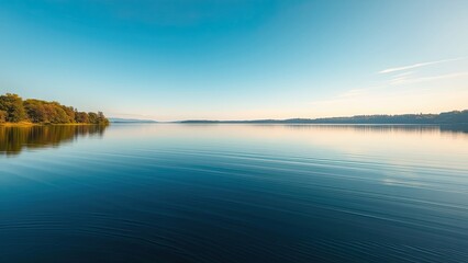 Fototapeta premium Gentle waves crash against the shore of a serene lake on a sunny summer day., scenic horizon, calm water, soothing ambiance, serene lake, gentle movement