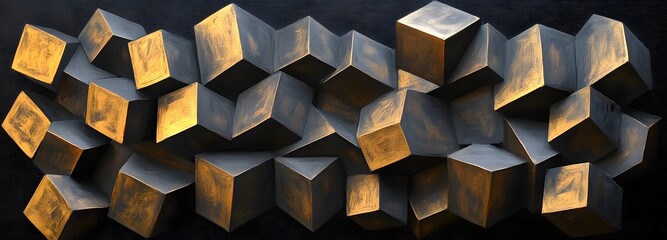 A modern 3D canvas with bold, sharp-edged geometric cubes in black and gold, stacked and layered to create an illusion of dimension and depth, casting strong shadows on the surface