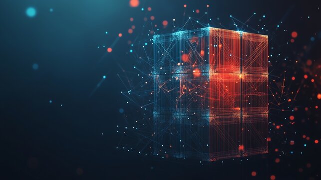 Abstract Container Stacker Machine with Dark Blue Background, Featuring Low Poly Wireframe, Geometric Lines, Copy Space, and Glowing Particles for a Contemporary and Futuristic Design.