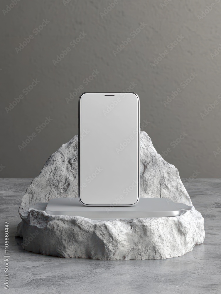 Poster empty white smartphone on creative pedestal with rock mountain on grey background with mock up place