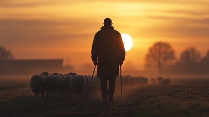 Silhouetted Shepherd Leading Flock at Sunset