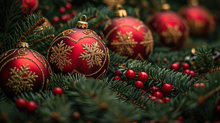 Fototapeta premium Festive Fir Tree and Christmas Decorations as Background 