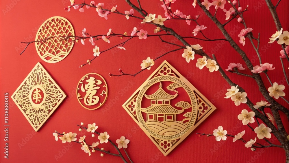 Poster intricate paper cuttings a detailed image of golden s paper tings displayed against a vivid red wall