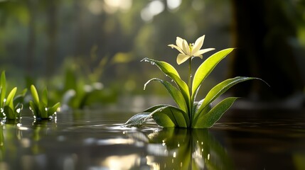 Obraz premium A Single White Flower Emerging from a Swamp
