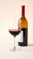 Glass of red wine and a bottle isolated on a white background with a shallow depth of field effect, sophisticated, still life, intimate