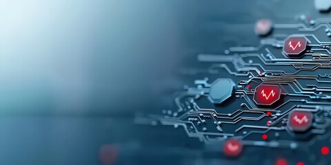 health warning risk campaign concept. Digital circuit board with glowing red icons and blue tones.