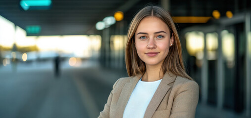 Confident Young Businesswoman Posing Outdoors in Modern Urban Setting