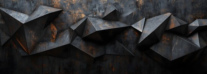 A textured 3D canvas featuring angular forms in dark, matte colors with sharp edges and subtle metallic highlights, layered to create an industrial, high-tech aesthetic