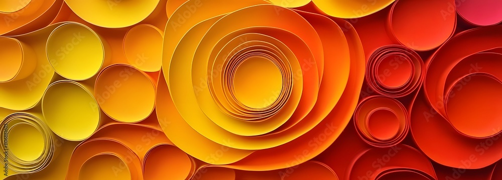 Poster a 3d abstract canvas featuring circular, interlocking forms in vibrant oranges and yellows, layered 
