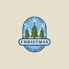 pine tree christmas emblem logo line color vector illustration template icon graphic design. xmas decoration sign or symbol for celebration a new year with badge typography style