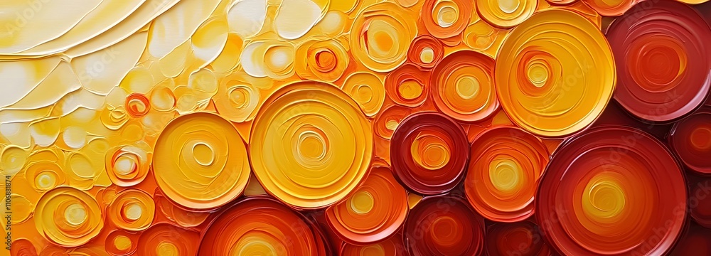 Poster a 3d abstract canvas featuring circular, interlocking forms in vibrant oranges and yellows, layered 