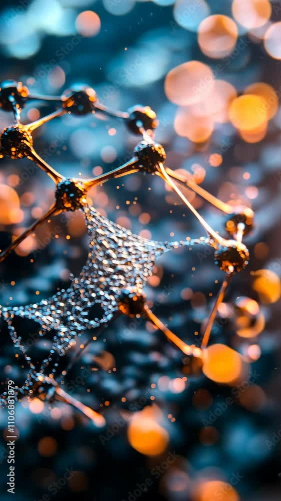 Poster exploration of molecular structures with vibrant light reflections creating an abstract visual effec