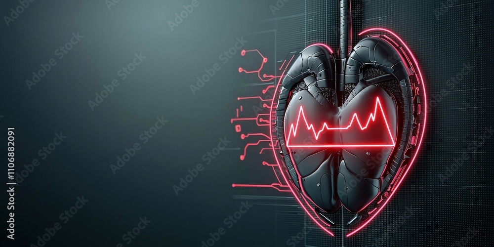Poster health warning risk campaign concept. digital heart illustration with ecg waveform and binary backgr