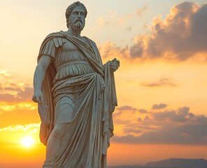 Fototapeta premium An ancient Roman god stands majestically enjoying the warm glow of the morning sunrise in the background