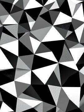 Halftone triangle geometric pattern in black and white, featuring interlocking triangles of varying sizes , graphic design print, halftone design