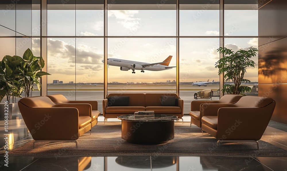 Poster modern lounge area with a view of an airplane taking off at sunset.