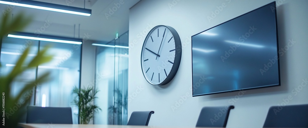 Poster modern office setting with a clock and television on the wall.