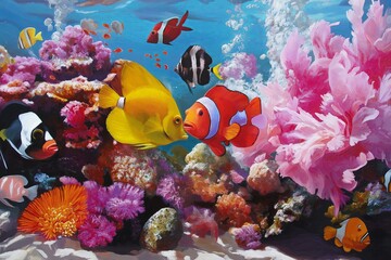 Fototapeta premium A vibrant coral reef teeming with colorful fish.
