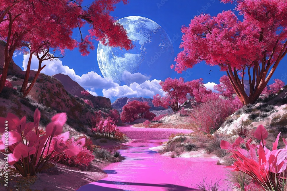 Poster a surreal landscape on an alien planet with strange flora and fauna