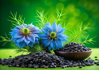 Elegant Close-Up of Black Cumin Flowers on a Lush Green Background, Showcasing Their Delicate Petals and Natural Beauty for Product Photography
