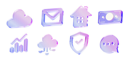 3d set of glass holographic ui icon for app or web design. Iridescent crystal shield, email envelope, ai cloud, home, money bill, speech bubble and chart with gradient texture render. 3D illustration
