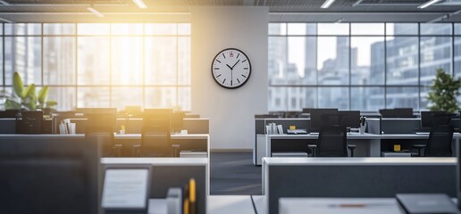 Modern office space with desks, chairs, and a wall clock.