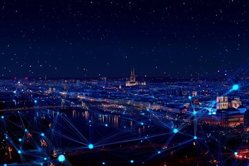 Fototapeta premium Night Cityscape Illuminated With Network Connections