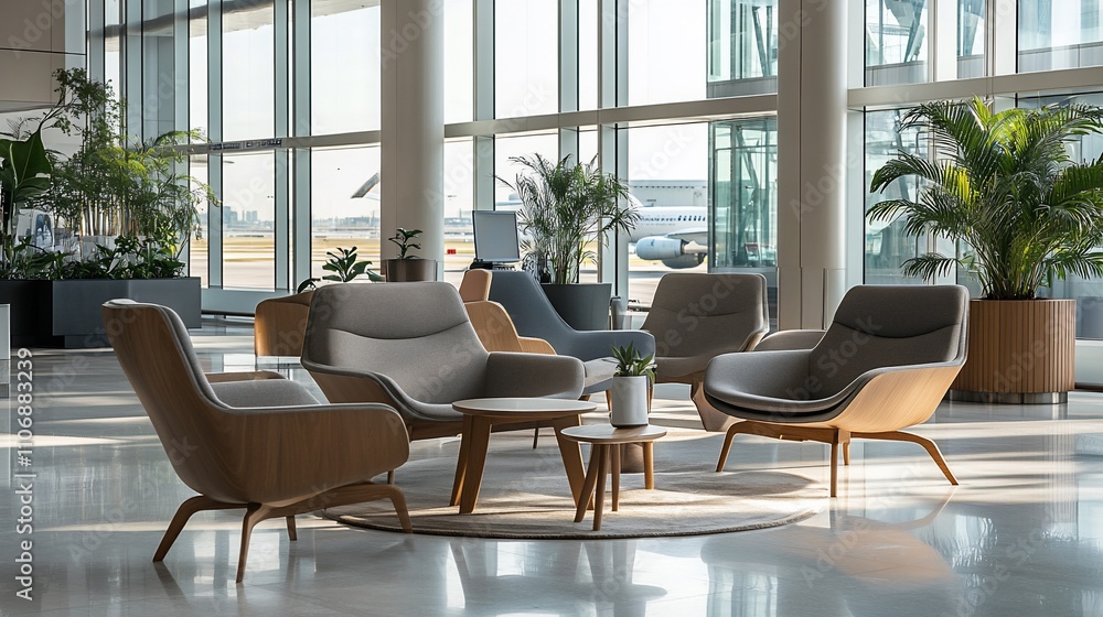 Poster modern seating area in an airport with large windows and greenery.