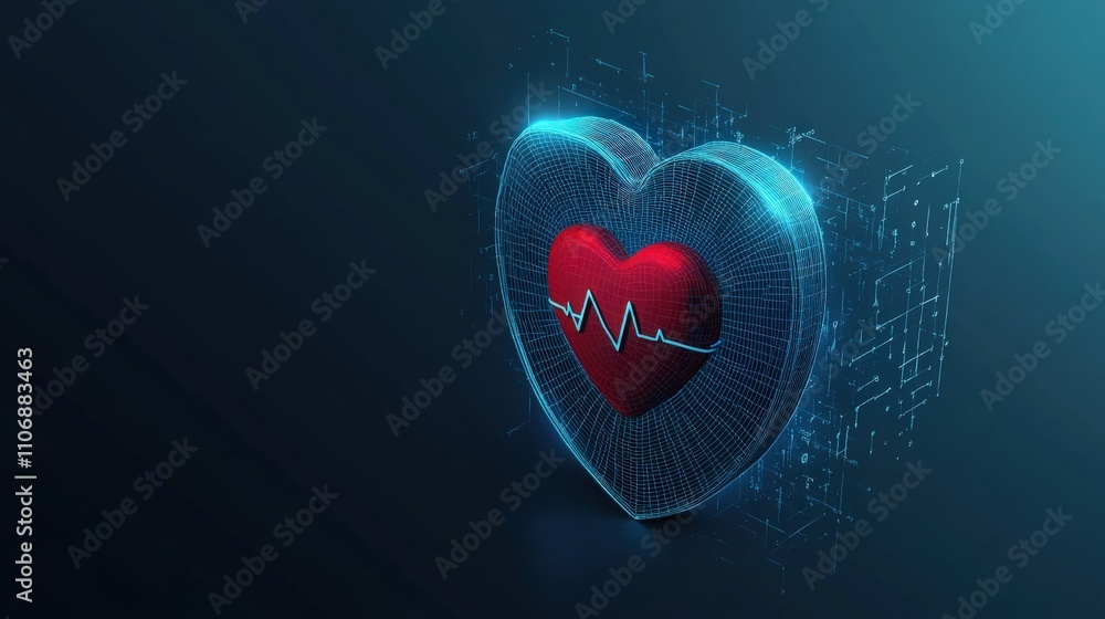 Aufkleber Digital Heartbeat Concept with Heart Shape and Pulse Line, Symbolizing Health Monitoring and Medical Technology in a Futuristic Digital Environment
