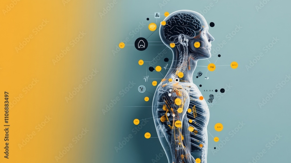Poster anatomical illustration of a human silhouette with brain and neural connections showing technology i