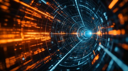 Obraz premium Abstract digital tunnel with glowing lines and data patterns