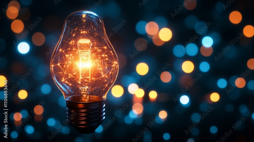 Poster illuminated light bulb with bokeh background