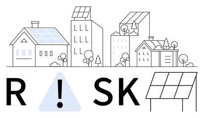 Solar-paneled homes and buildings in urban and suburban settings with risk text. Ideal for sustainability, green energy, urban planning, risk assessment, insurance, architecture, and residential