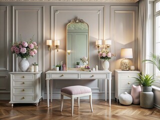Elegant Feminine Bedroom with Vanity Table and Blank Poster Mockup Ideal for Beauty Product Showcase in Chic, Modern Interior Design with Soft Pastels and Natural Light Accents