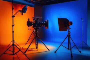 Silhouettes of the movie crew and equipment set against a dynamic scene: bold blue and orange lights create a filmic atmosphere in an energetic studio setting