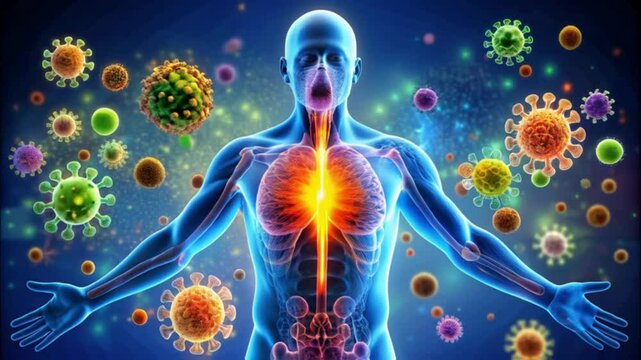 Digital illustration of human anatomy showing viruses affecting the immune system the immune system glowing with vibrant energy as viruses slowly converge creating a visual clash of light and movement