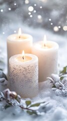 Beautiful Christmas candles stand on the table with white silver snow background on the left with copy space for text on the right.Advent white candles with decor in shiny lights closeup