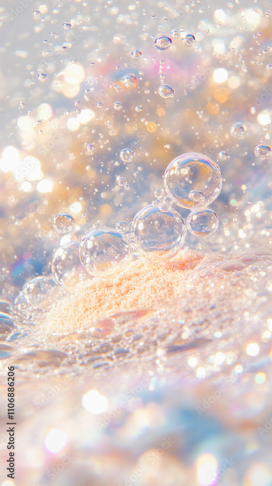Poster soap bubbles floating on pink scrub with sparkling background