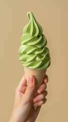 Green tea soft serve isolated on beige background