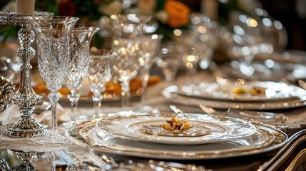 Gourmet luxury dining setup with fine china, crystal glasses, and an elaborate meal