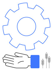 Gear, open hand, and three ears of wheat. Ideal for teamwork, industry, cooperation, farming, agriculture mechanization productivity. Line metaphor
