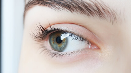 Obraz premium Close-up of green-brown human eye with detailed eyelashes in soft lighting